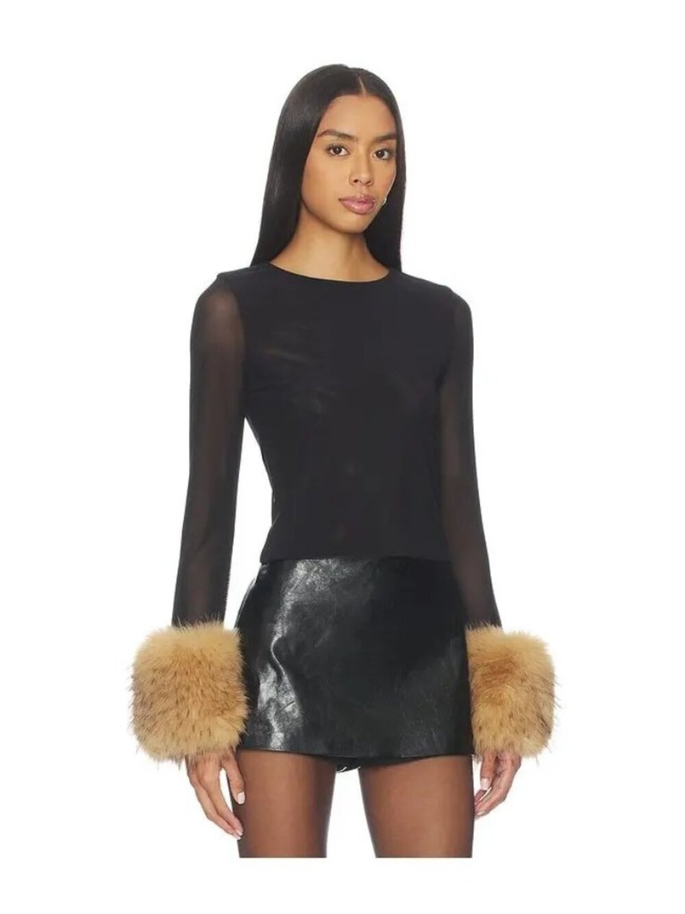 ALICE + OLIVIA Delaina top Removeable Faux Fur Cuff Black blouse size S